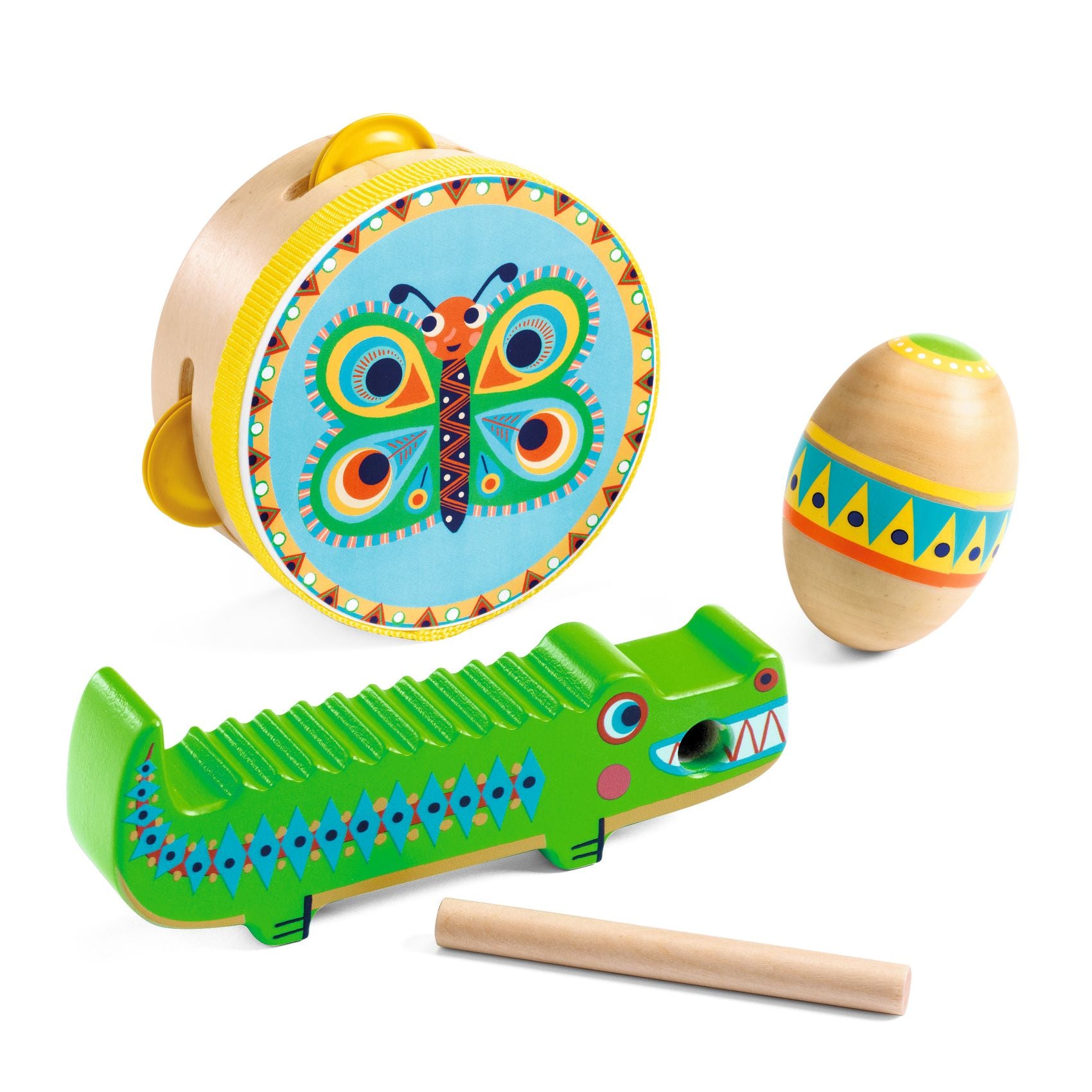 Set de percussions : tambourin, maracas, guiro - Djeco Djeco - Maison Continuum