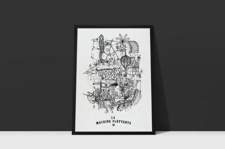 Affiche noir et blanc machine flottante grand format - Maison Continuum