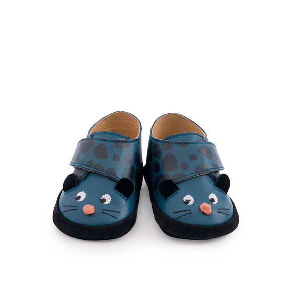 Chaussons cuir panthère bleu