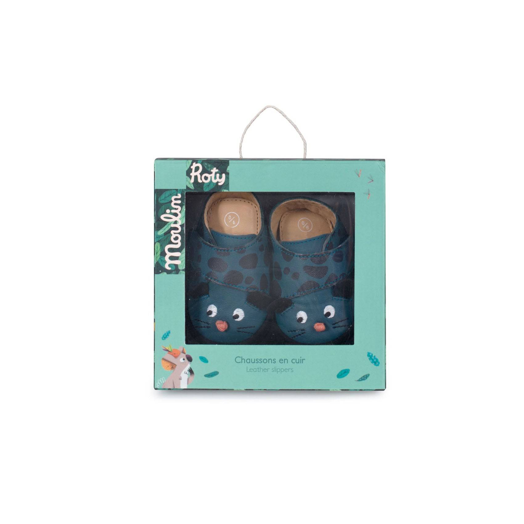 Chaussons cuir panthère bleu Moulin Roty - Maison Continuum